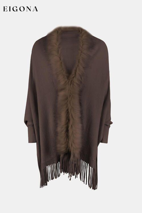 Fringe Open Front Long Sleeve Poncho Chocolate One Size clothes Drizzle Ship From Overseas sweaters