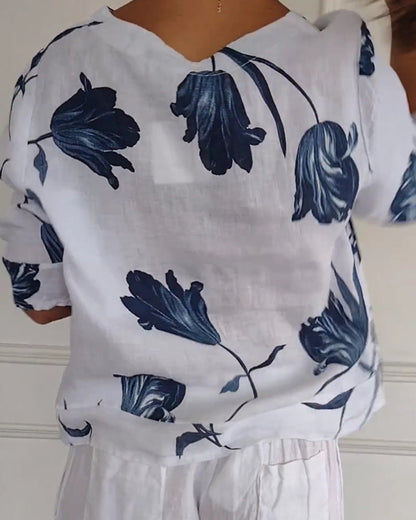 Button-Down-Oberteil aus Baumwolle und Leinen mit Blumendruck