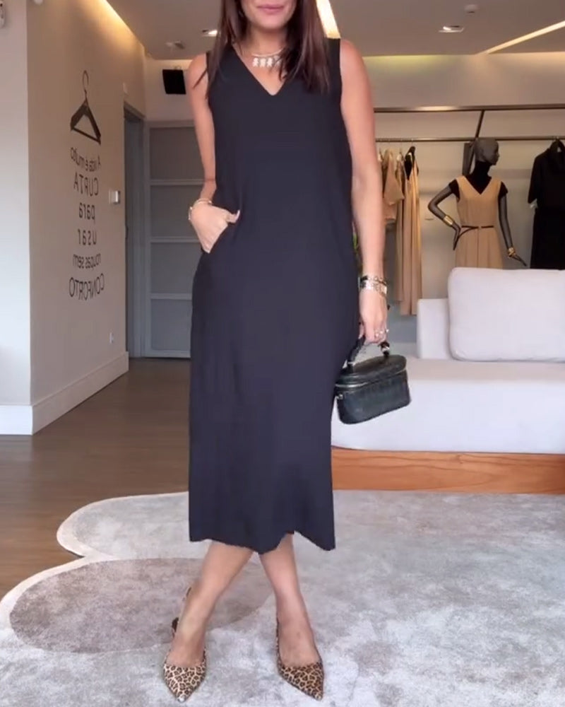 Casual V-neck Sleeveless Solid Color Split Dress