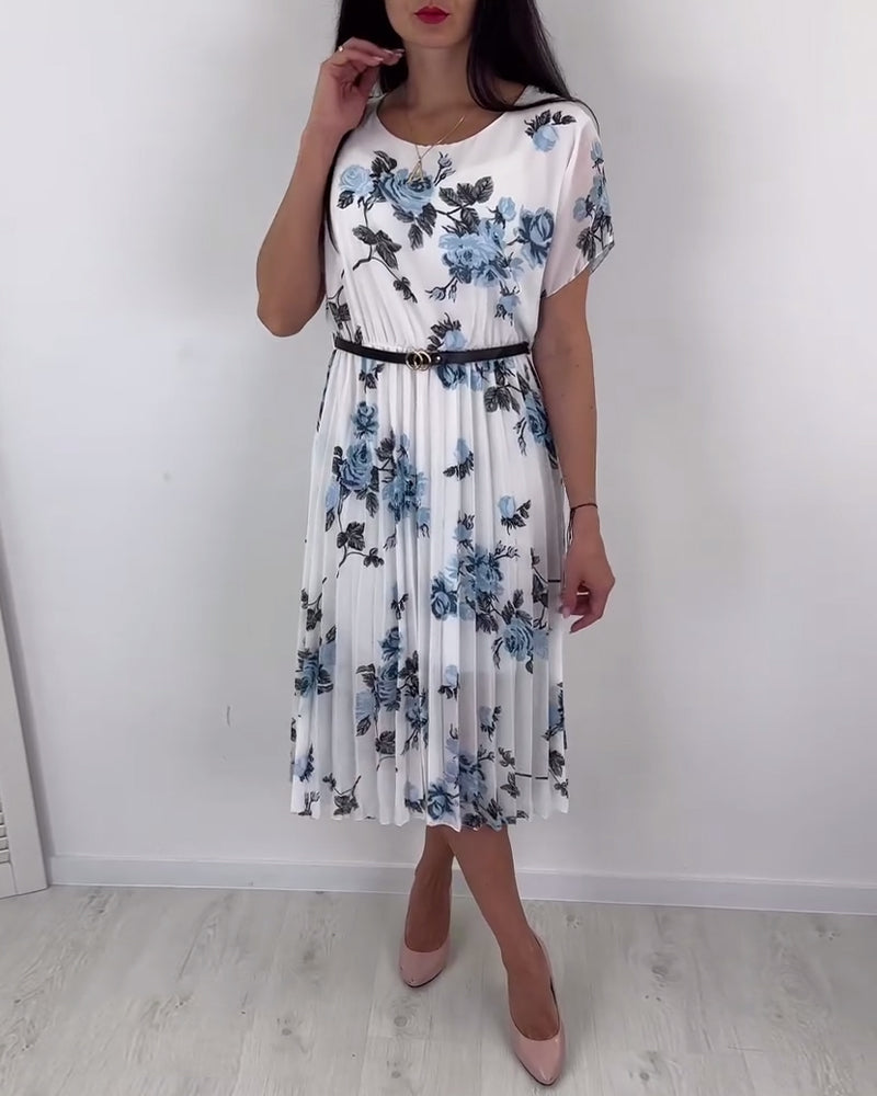 Elegant floral print short-sleeve pleated dress casual dresses summer