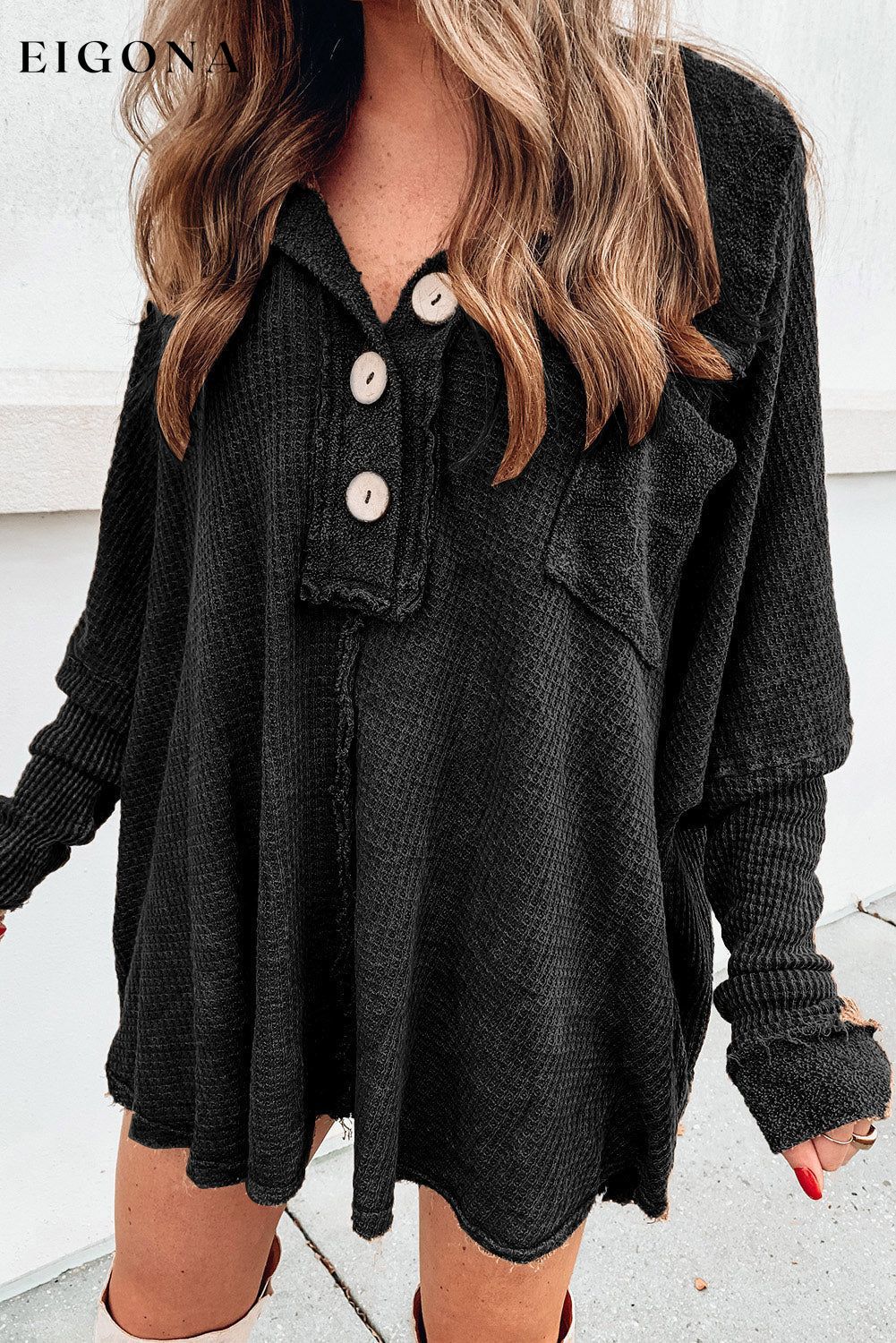 Black Waffle Knit Buttoned Long Sleeve Top Black 95%Polyester+5%Elastane Best Sellers clothes Fabric Waffle Knit long sleeve shirts long sleeve top Occasion Daily Print Solid Color Season Fall & Autumn Style Casual