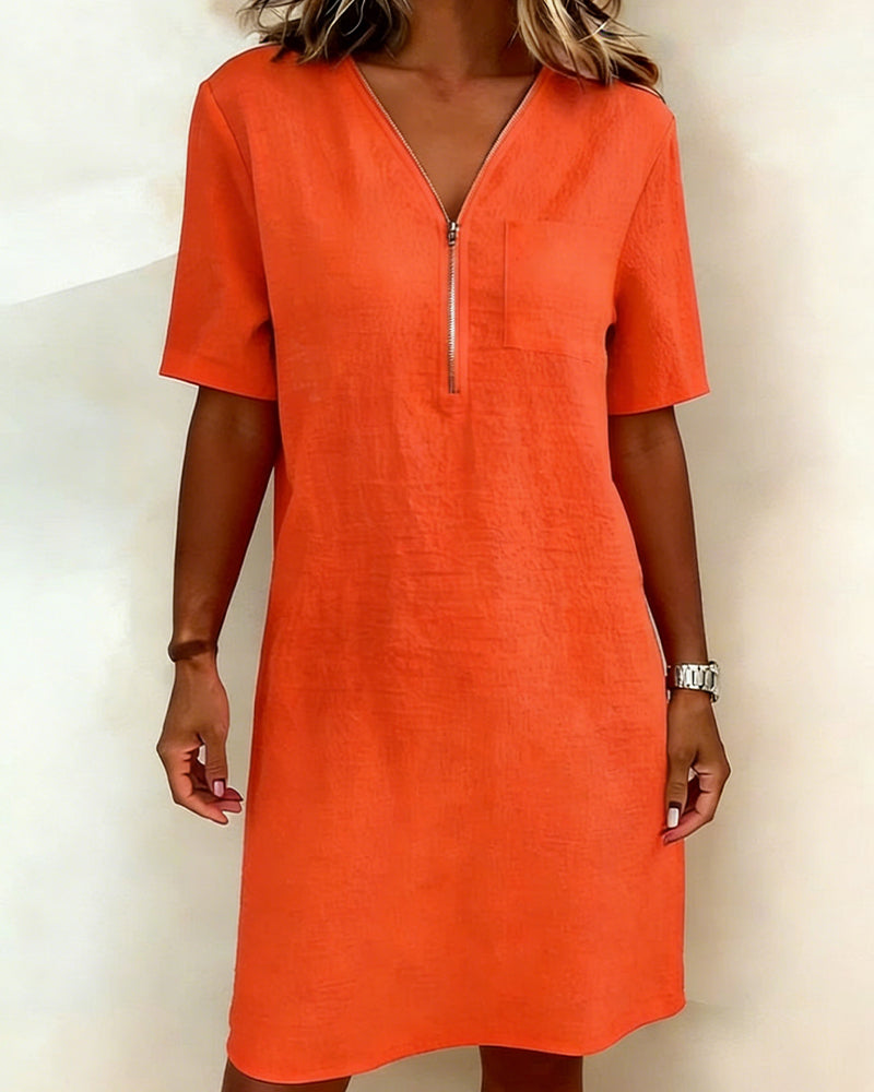 V-Neck Half Zipper Dress