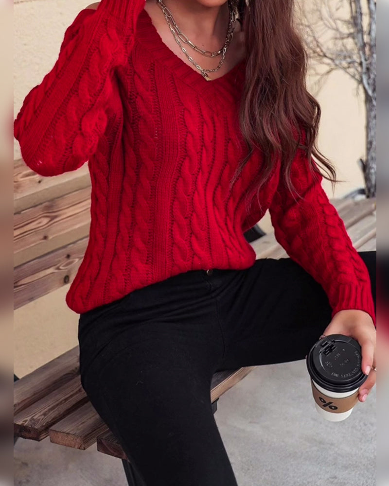 Solid Color V-Neck Cable Knit Pullover