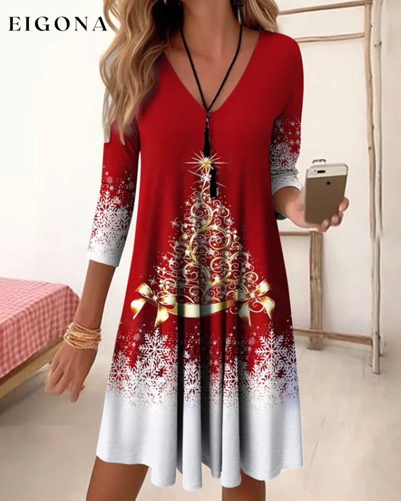 Long-Sleeved Printed V-Neck Knee-Length Dress Red 23BF casual dresses christmas Clothes Dresses fall winter