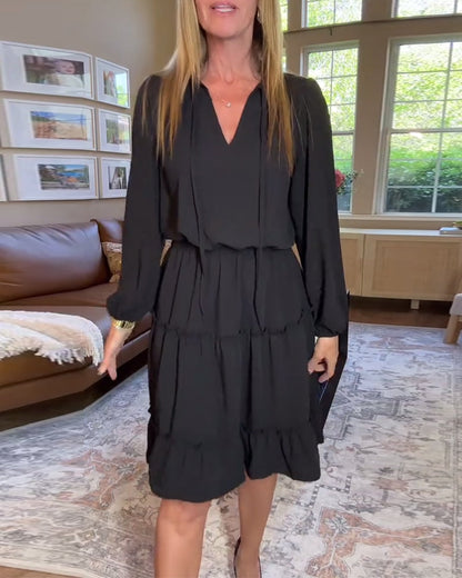 Long-Sleeved Solid Color Waisted A-Line Dress