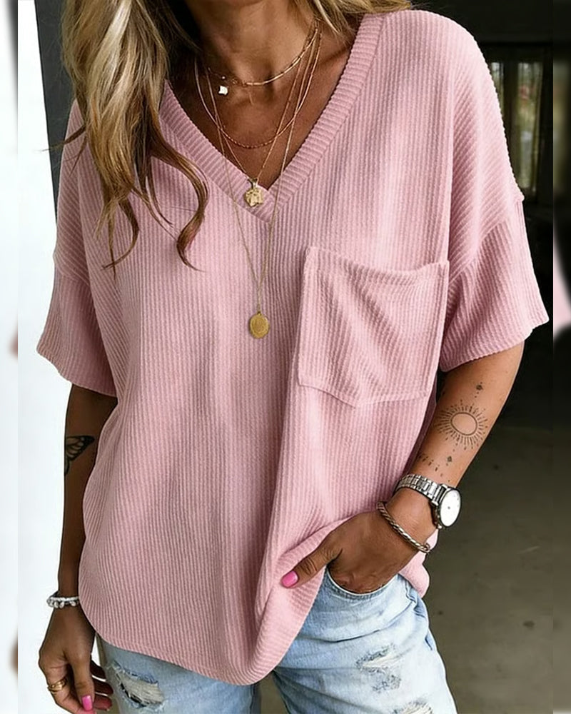 Ribbed V-Neck Pocket Short Sleeve T-Shirt