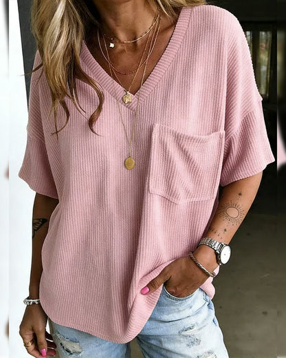 Ribbed V-Neck Pocket Short Sleeve T-Shirt