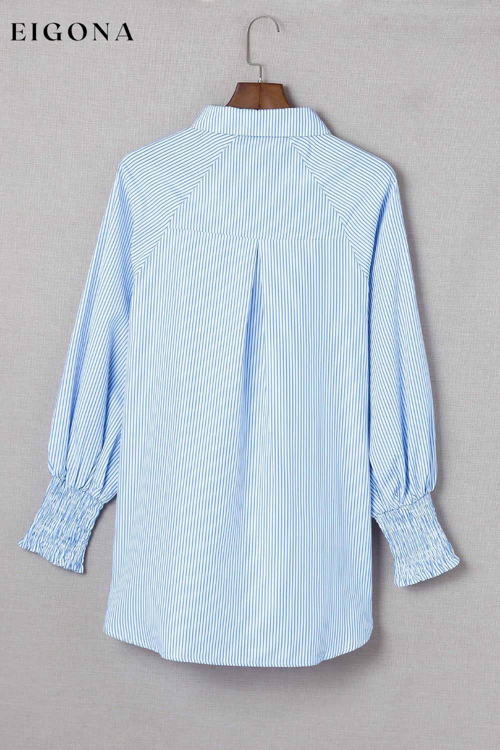 Sky Blue Smocked Cuffed Striped Boyfriend Shirt with Pocket All In Stock Best Sellers clothes Craft Smocked Early Fall Collection long sleeve shirt long sleeve shirts long sleeve top long sleeve tops Occasion Daily Print Stripe Season Spring shirt shirts Sleeve Puff sleeve Stripe tops Style Modern top tops