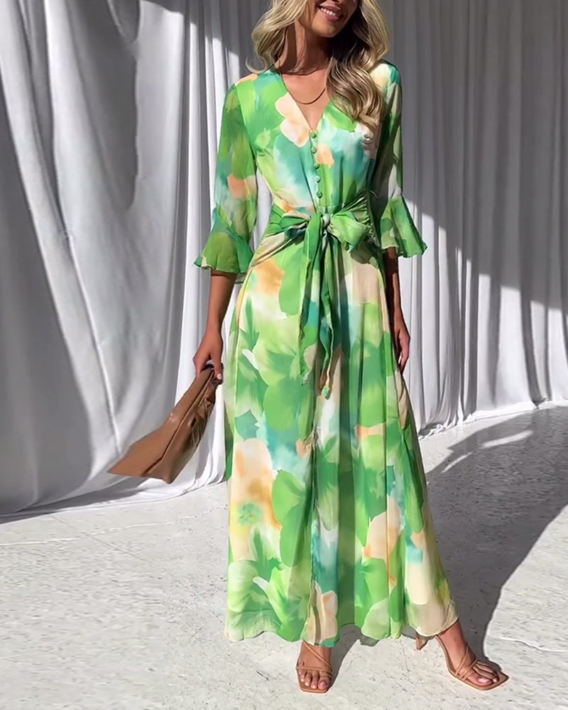 Elegant printed dress with bell sleeves and button slit casual dresses spring summer vacation dresses