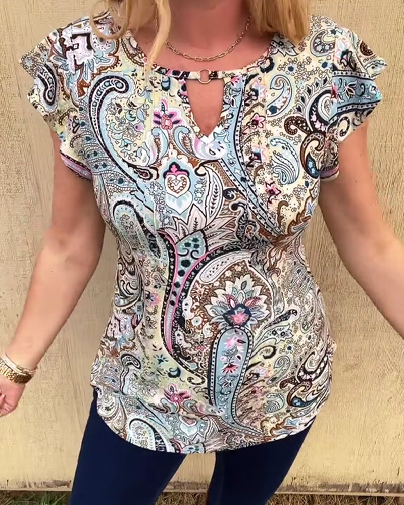 Lotus Leaf Sleeve Hollow Print Blouse