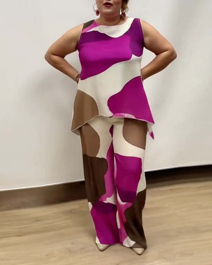 Sleeveless Geometric Pattern Wide-Leg Suit