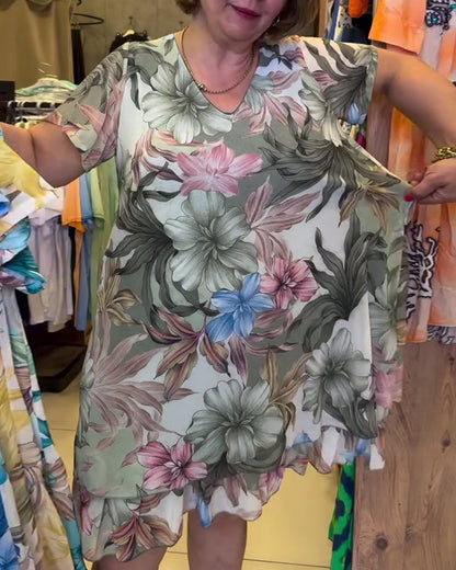 V-Neck Floral Short-Sleeved Print Dress