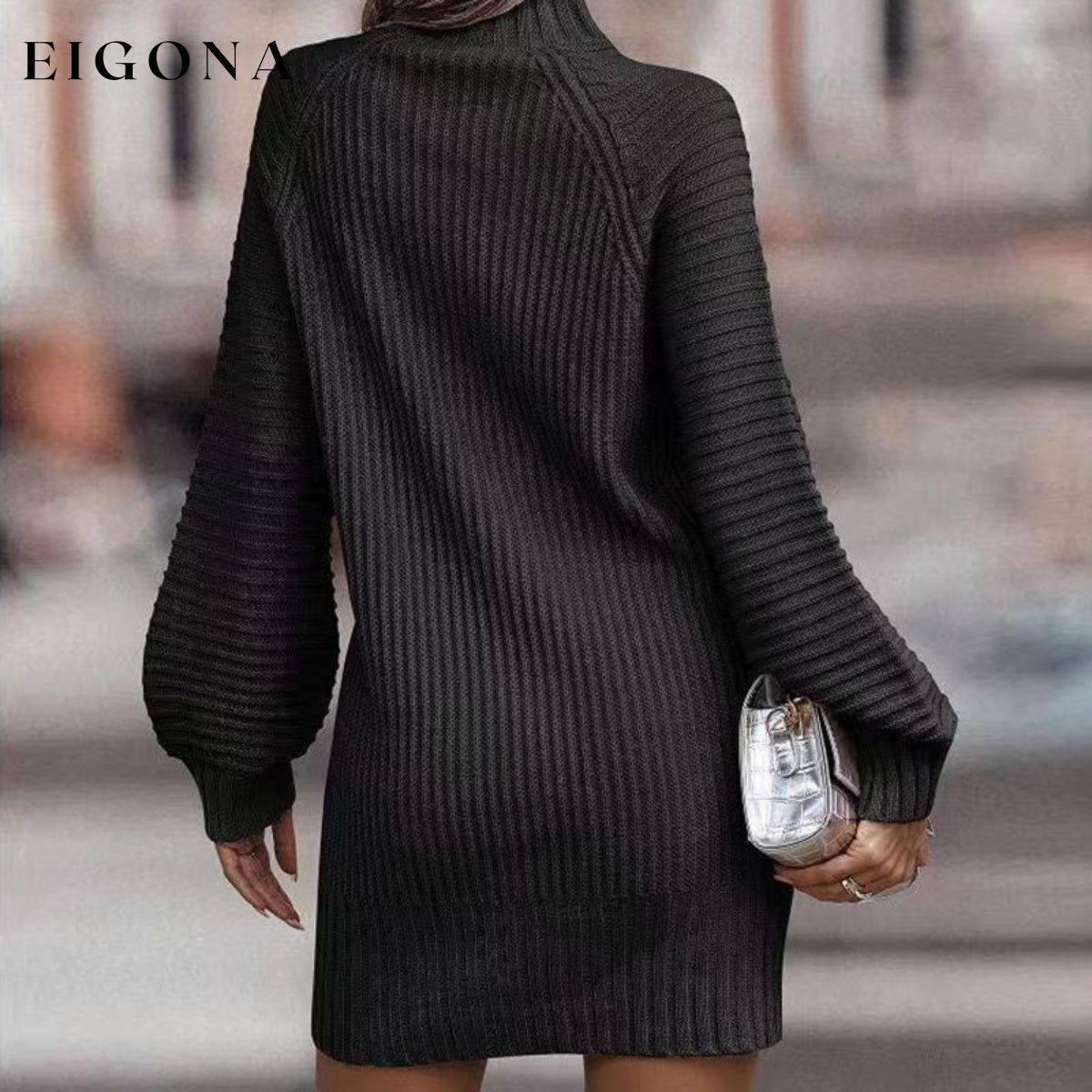 Mock Neck Lantern Sleeve Sweater Dress casual dresses clothes dress dresses Ship From Overseas Shipping Delay 09/29/2023 - 10/04/2023 sweater dress Y@Y@D@Y