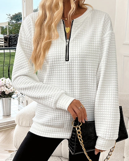 Solid Color Waffle Knit Half-Zip Sweatshirt
