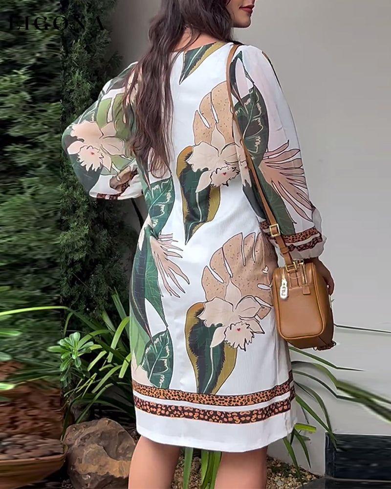 Leaf print round neck lantern sleeve dress casual dresses spring summer