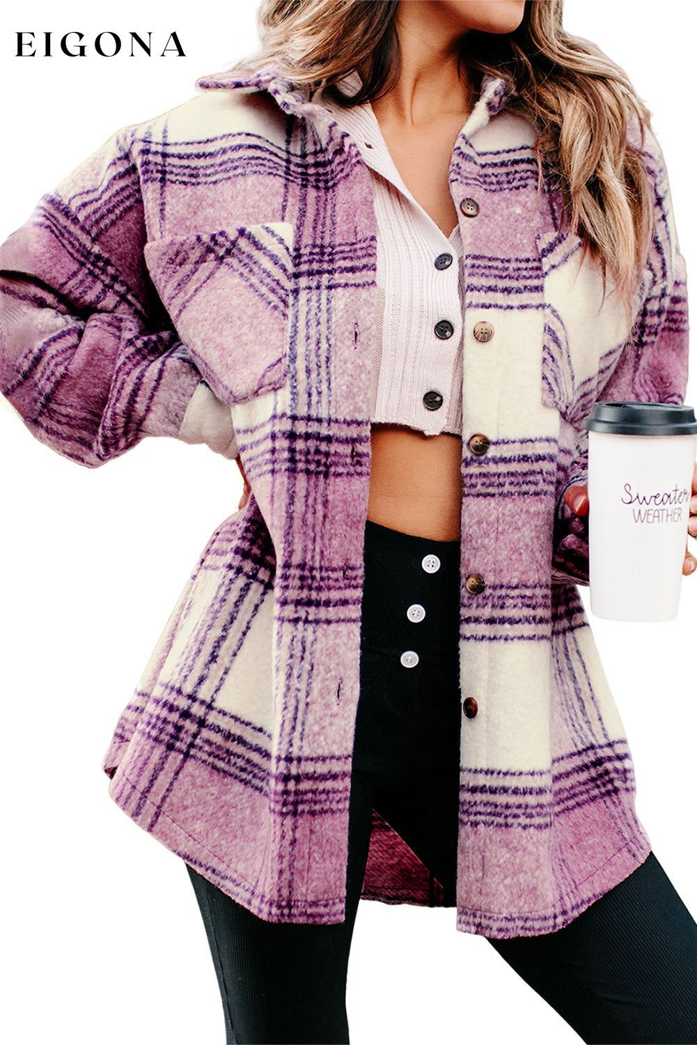 Plaid Double Chest Pockets Fleece Shacket All In Stock Category Shacket clothes Color Purple EDM Monthly Recomend Hot picks Occasion Daily Print Plaid Season Winter Style Southern Belle