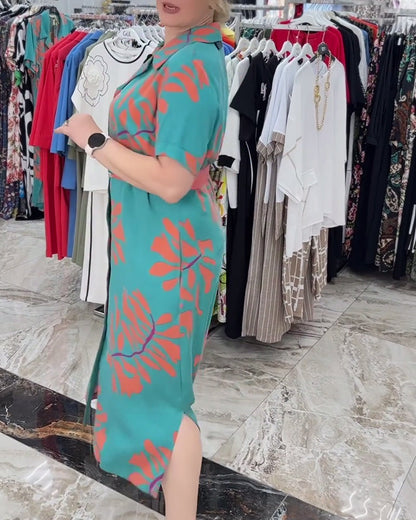 Elegant dress with lapel leaves print casual dresses spring summer