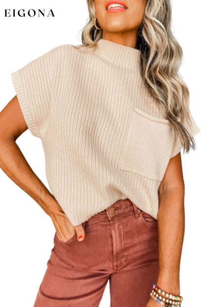 Oatmeal Patch Pocket Ribbed Knit Short Sleeve Sweater All In Stock Best Sellers cable knit clothes EDM Monthly Recomend Fabric Ribbed Hot picks Occasion Daily Print Solid Color Season Fall & Autumn shirt shirts short sleeve shirt Sleeve Short Sleeve Style Casual Sweater sweaters top tops