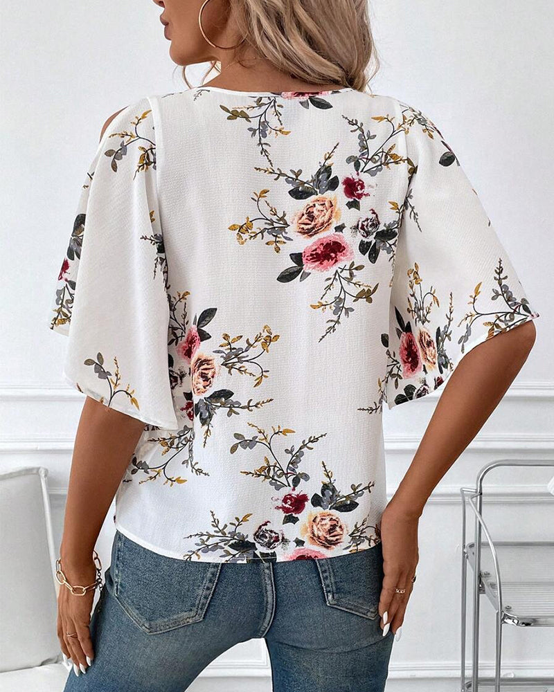 V-Neck Off-Shoulder Printed Blouse