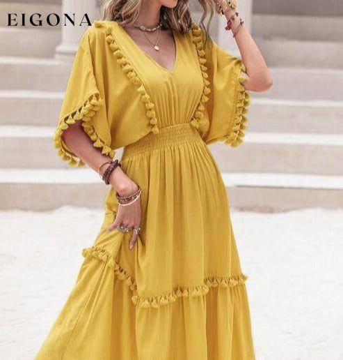 Tassel Trim Smocked V-Neck Short Sleeve Maxi Dress casual dresses clothes dress dresses H.R.Z long sleeve dress maxi dress Ship From Overseas short dress short sleeve short sleeve dress short sleeve dresses