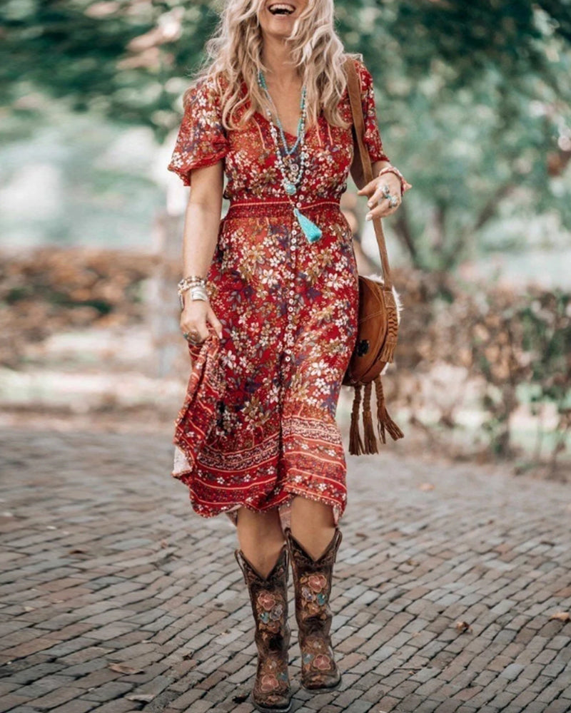 Boho printed short-sleeve slit dress 202466 boho dresses summer