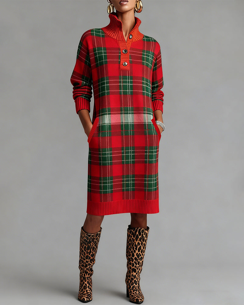 Plaid button-down collar fashion dress