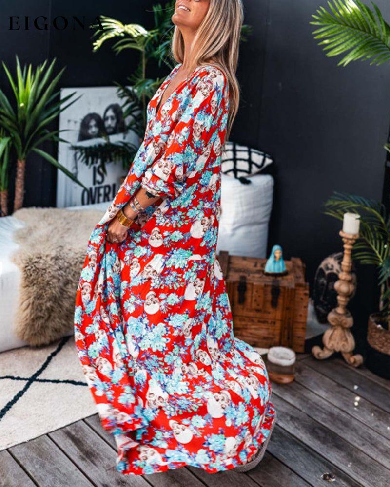 Floral skull print deep V long-sleeve vacation dress spring summer vacation dresses