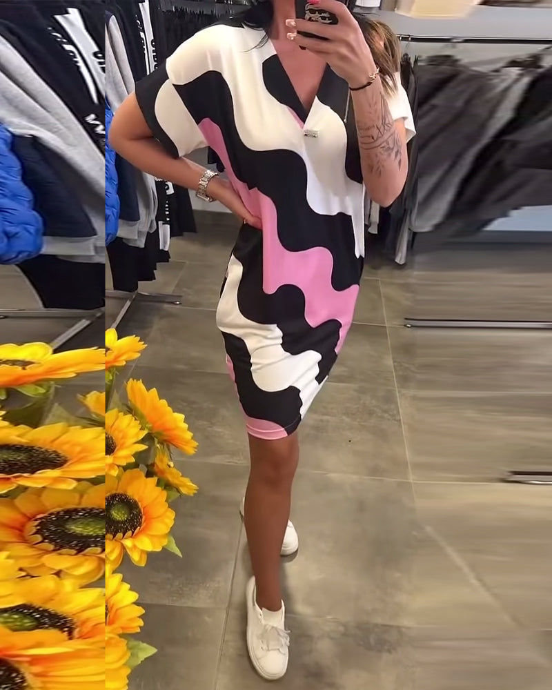 V-Neck Wave Print Dress