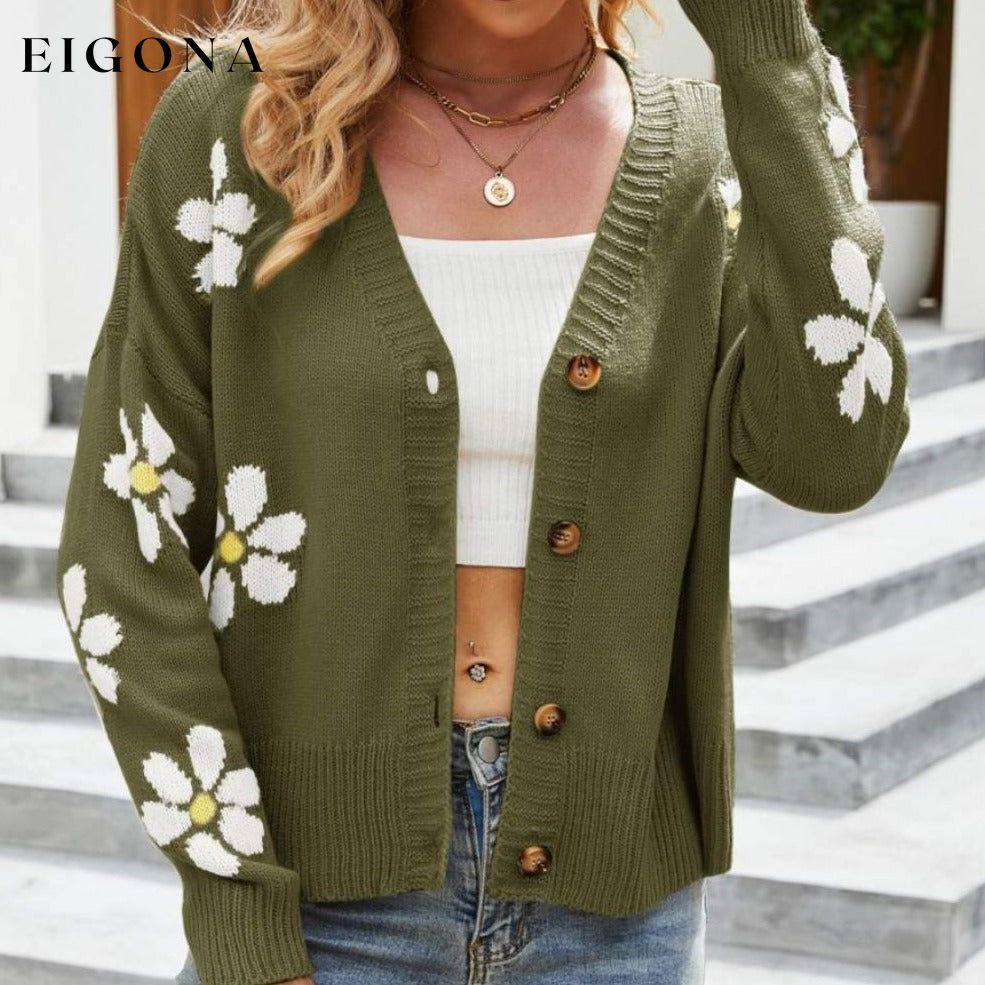 Floral Ribbed Trim Drop Shoulder Cardigan Green cardigan cardigans clothes Ship From Overseas sweater sweaters Yh