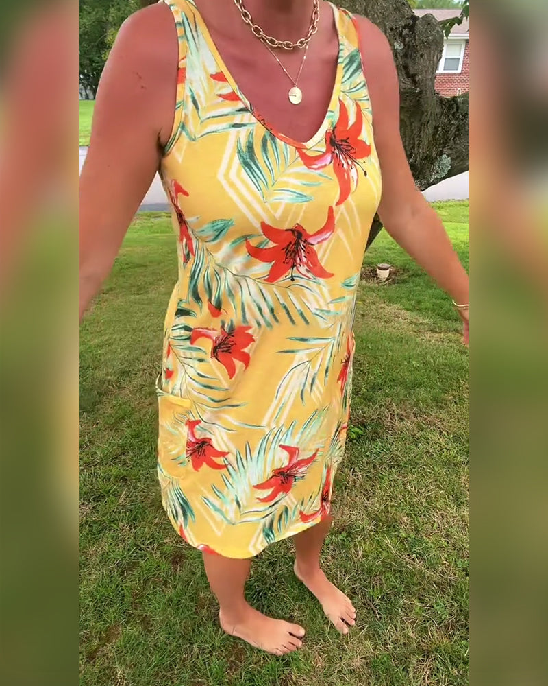 Abito dritto floreale senza maniche con scollo a V