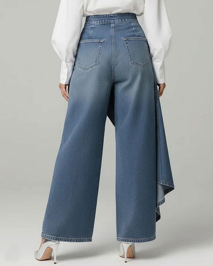 Asymmetrical Wrap Denim Wide-Leg Pants