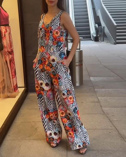 Sleeveless Floral Print Elegant Jumpsuit