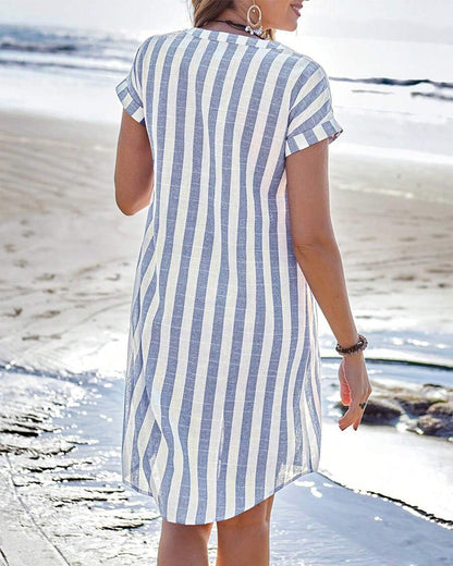 Stand Collar Short Sleeve Striped Cotton And Linen Dress