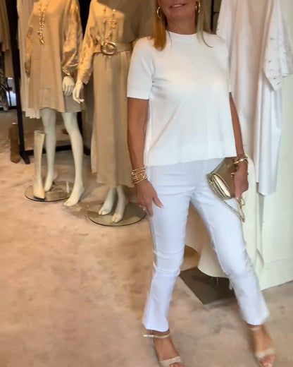 Pleated Round Neck Solid Color Top