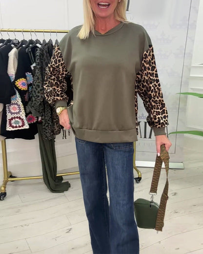 Fashionable leopard print stitching round neck sweatshirt 2024 f/w spring sweatshirts