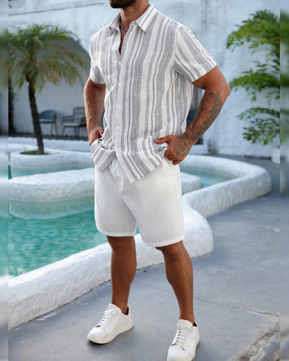 Men's Lapel Striped Button-Front Short Sleeve Shirt