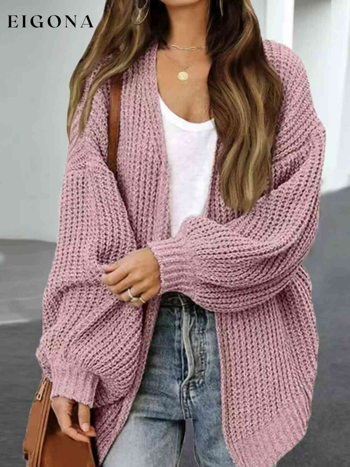Drop Shoulder Balloon Sleeve Cardigan Light Mauve cardigan cardigans clothes Ship From Overseas Shipping Delay 10/01/2023 - 10/02/2023 sweater sweaters Y*X