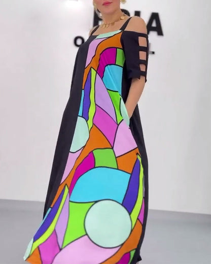 Off-Shoulder Contrast Print Loose Dress