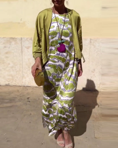 Sleeveless Printed Dress And Coat Set