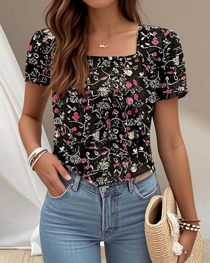Top casual a maniche corte con scollo quadrato e stampa floreale