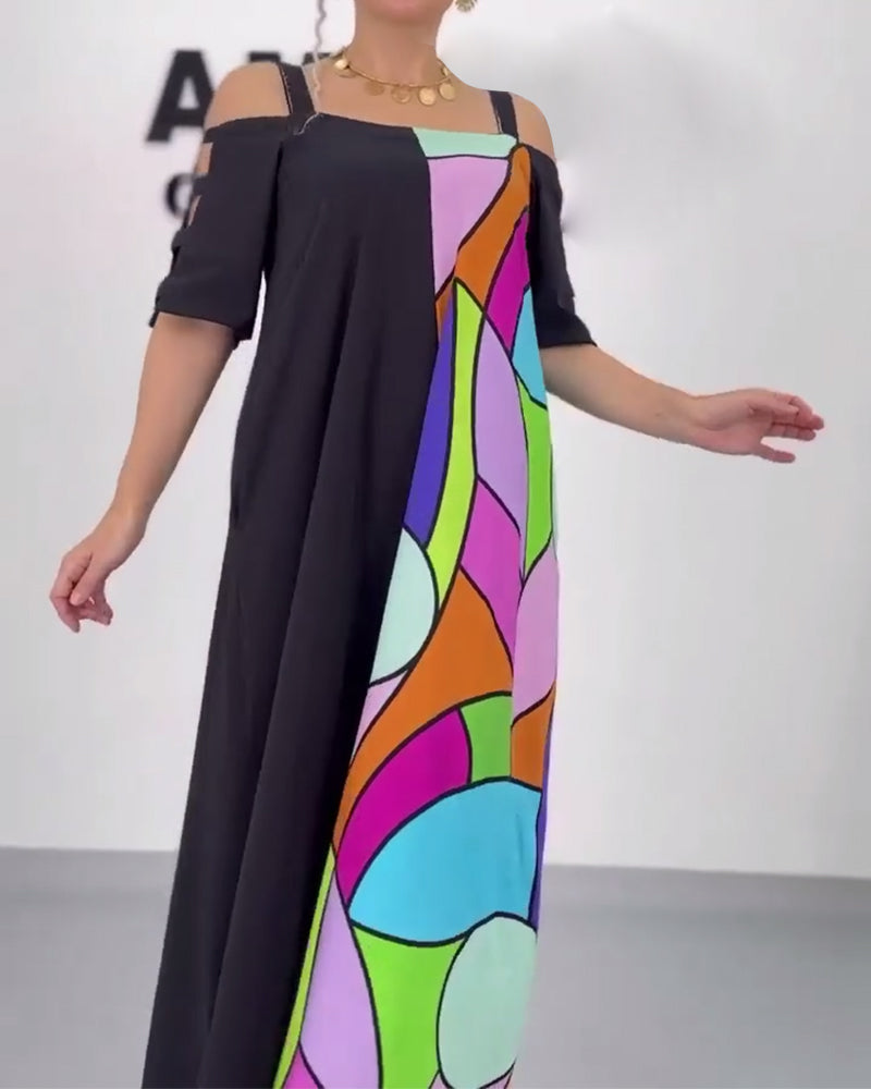 Off-Shoulder Contrast Print Loose Dress