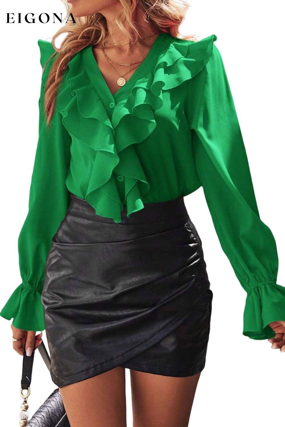 Bright Green Ruffles Cascading V Neck Shirt All In Stock clothes Color Green long sleeve shirt long sleeve shirts Occasion Daily Print Solid Color Season Fall & Autumn shirt shirts Style Elegant