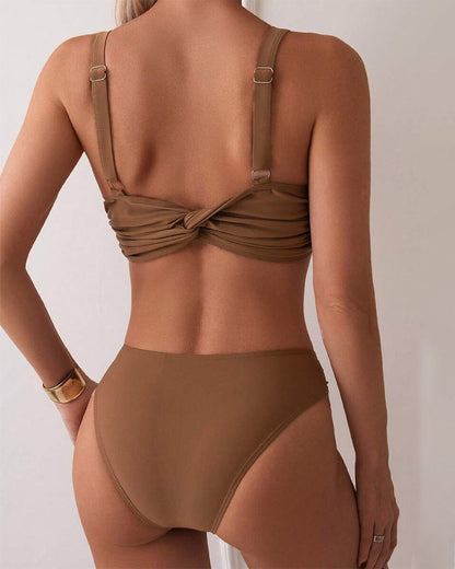 Sexy Solid Color Metal Button Bikini
