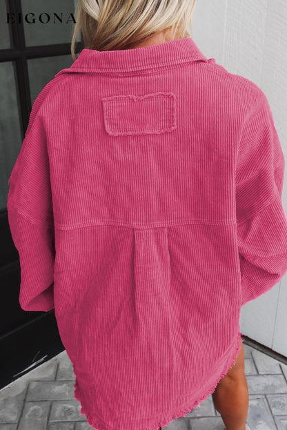 Bright Pink Corded Dual Chest Pocket Raw Hem Shacket All In Stock Category Shacket clothes Color Pink Craft Distressed EDM Monthly Recomend Fabric Corduroy Occasion Daily Print Solid Color Season Fall & Autumn Style Southern Belle