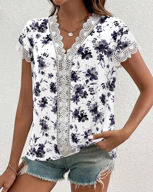 V-Neck Lace Printed Short-Sleeved Blouse