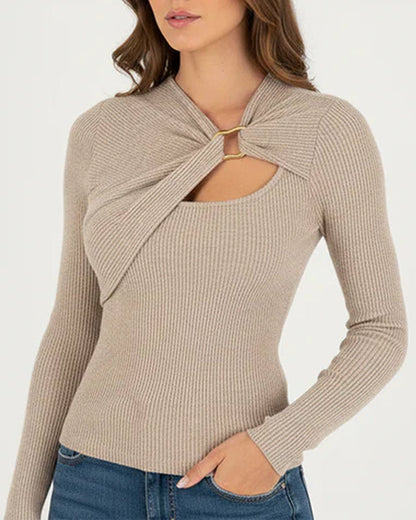 Women's Long Sleeve Ribbed Knit Swivel Front T-Shirt