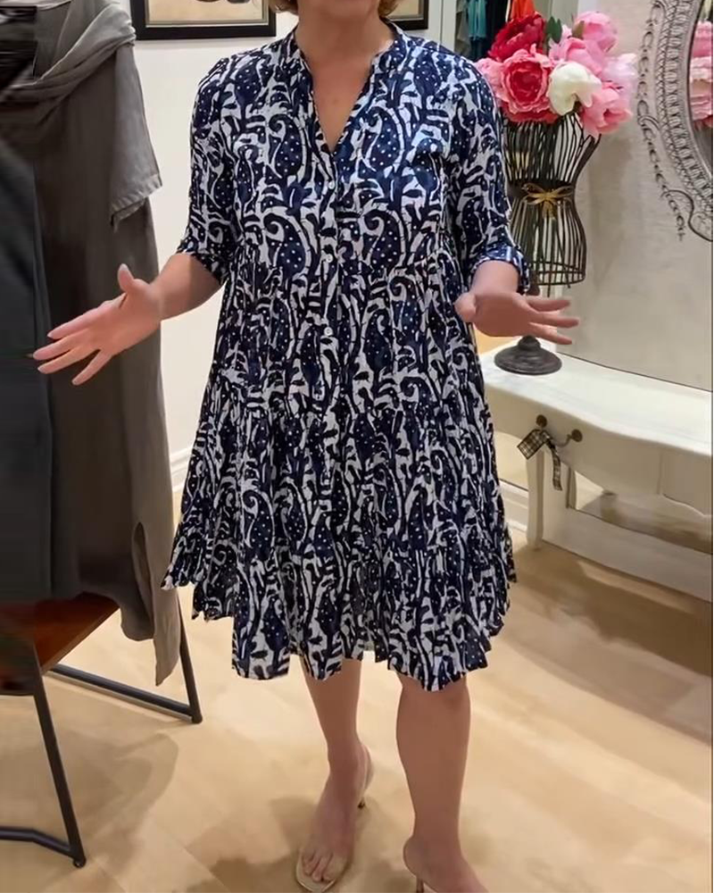 Stand Collar Printed Retro A-Line Dress