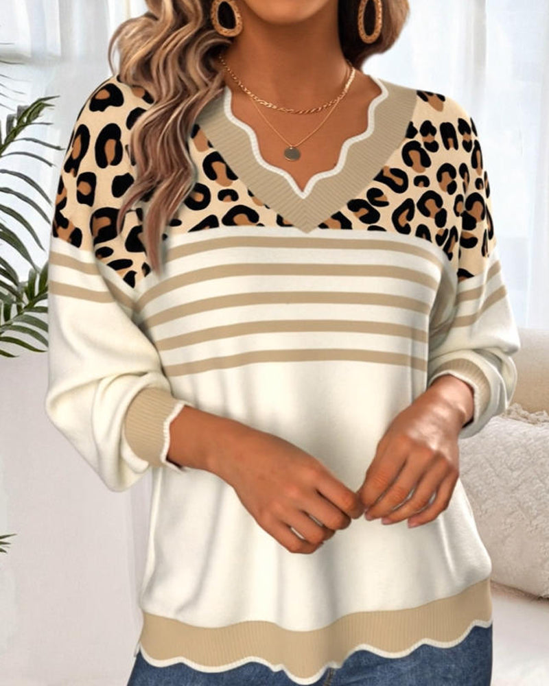 V-Neck Leopard Print Contrast Pullover