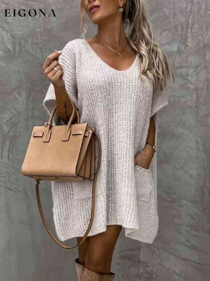 Short Sleeve Sweater Dress with Pockets Cream A@Y@M clothes Ship From Overseas