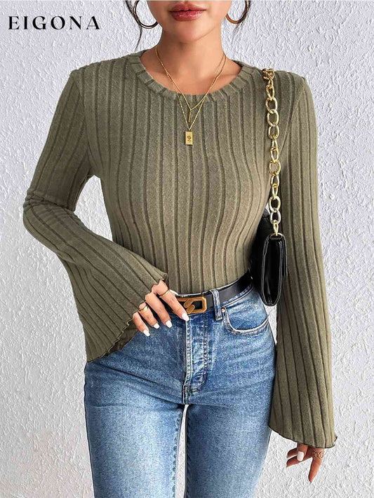 Ribbed Round Neck Flare Sleeve Top Moss clothes HS Ship From Overseas